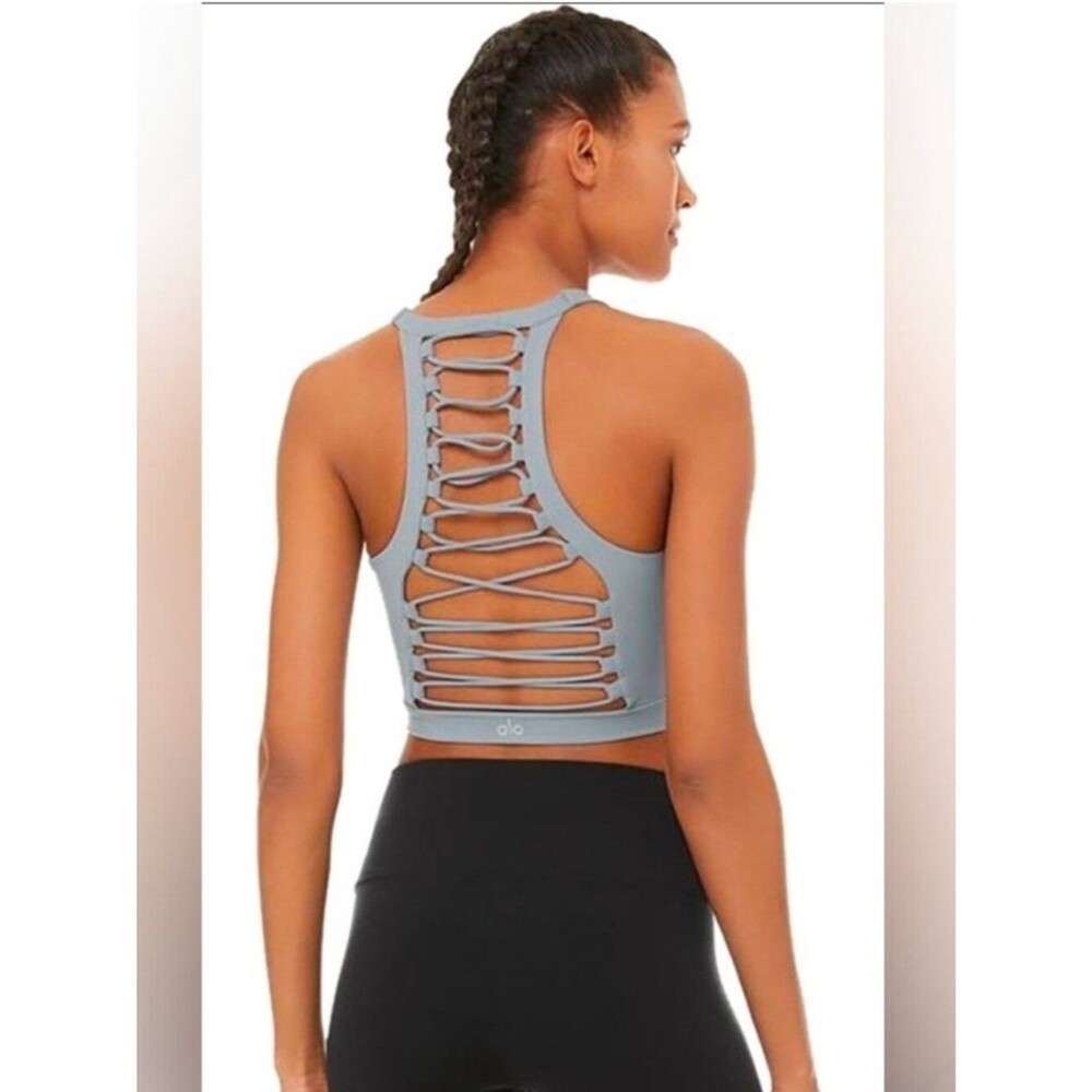 Rare ALO Yoga Light Blue Lace-Back Sports Cage Tank Bra Large